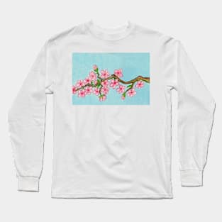 Branch with pink cherry flowers on blue Long Sleeve T-Shirt